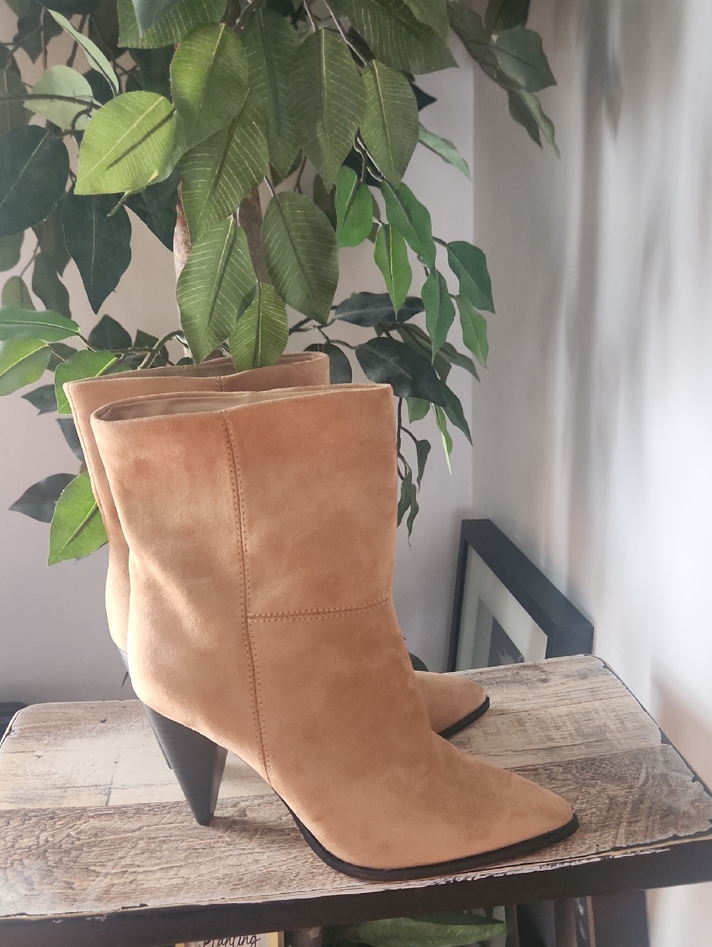 Forever 21 Tan Suede Pointed Toe Mid-Calf Heeled Boots